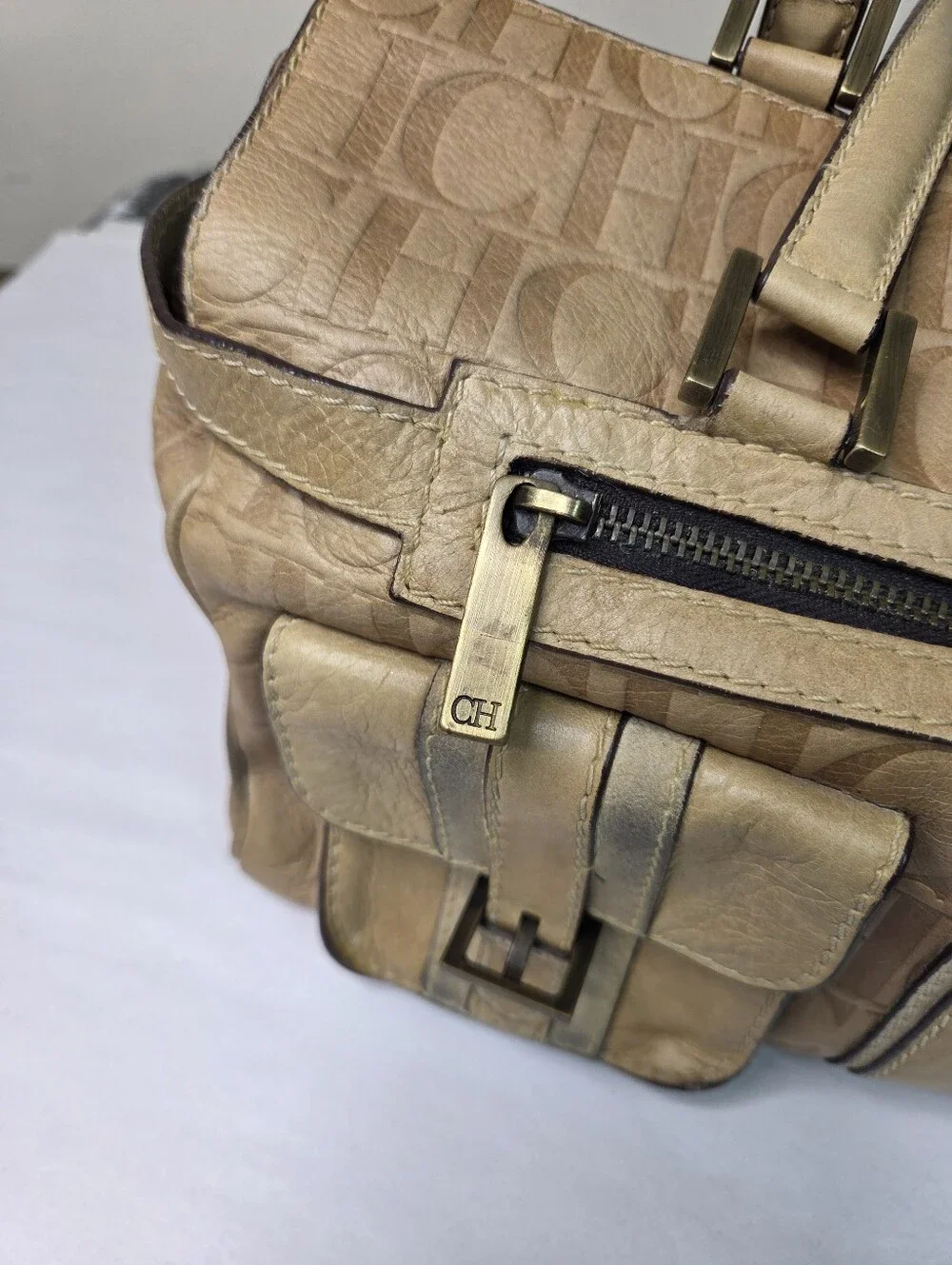 Carolina Herrera Beige Croc-Embossed Leather Satchel with Front Pockets